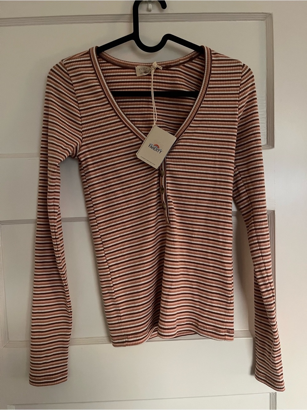 Faherty Striped Ribbed Henley Long-Sleeve Top - Mauve/Tan